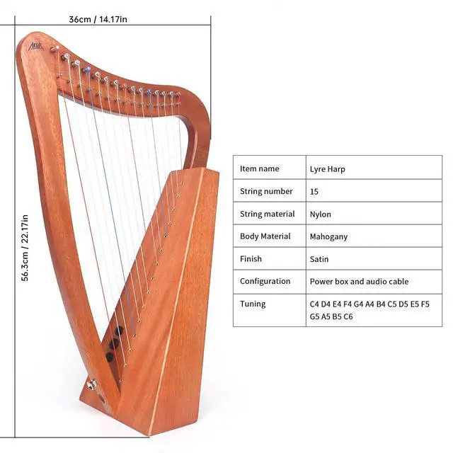 Alt view image 2 of 6 - Harp, 15 Strings Mahogany Lyer Harp 22 inch Height with Electric Box, Tuning Wrench, Black Bag and Strap,Lyer Kit Gift for Adult Professional Beginner