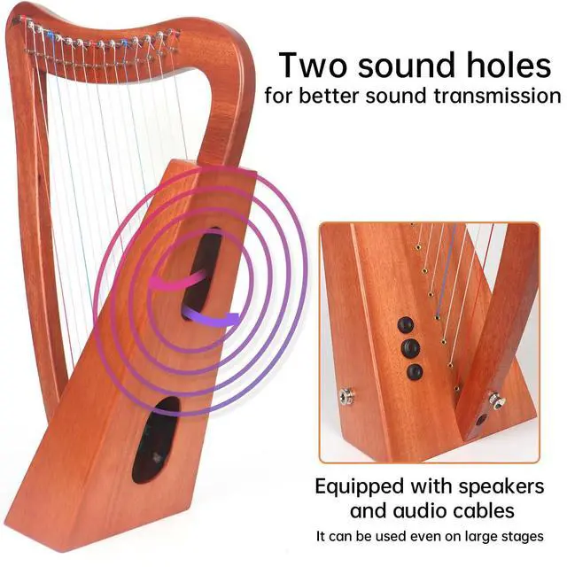 Alt view image 3 of 6 - Harp, 15 Strings Mahogany Lyer Harp 22 inch Height with Electric Box, Tuning Wrench, Black Bag and Strap,Lyer Kit Gift for Adult Professional Beginner