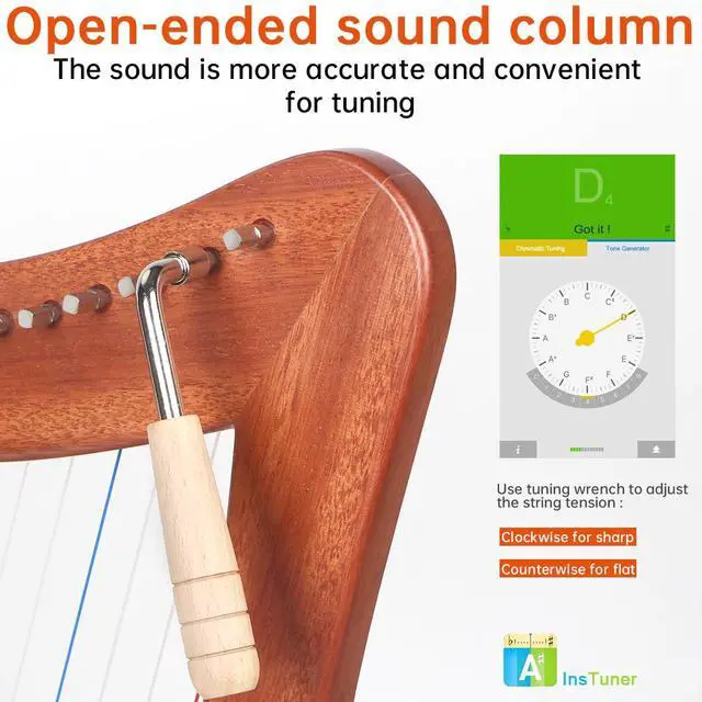 Alt view image 4 of 6 - Harp, 15 Strings Mahogany Lyer Harp 22 inch Height with Electric Box, Tuning Wrench, Black Bag and Strap,Lyer Kit Gift for Adult Professional Beginner
