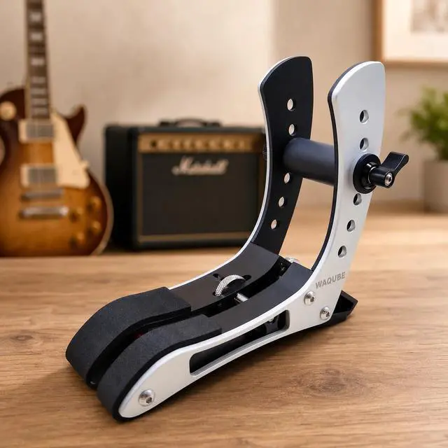 Main image of Aluminum Electric Guitar Leg Rest, Adjustable Ergonomic Support | Tool-free manual adjustment fits 40-55 mm guitar bodies; silicone and EVA pads support left- and right-handed seated play