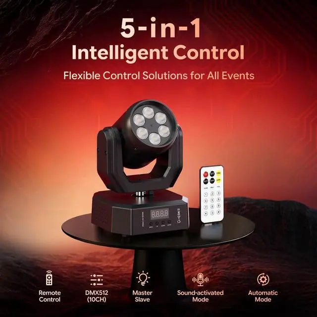 Alt view image 3 of 6 - Mini Dj Moving Head Lights, RGBW 60W Stage Wash Lighting with Remote Control Sound Active DMX512 for Small Venues, DJ, Bar, Home, Theater, Wedding, Band, Performance (2 Packs)