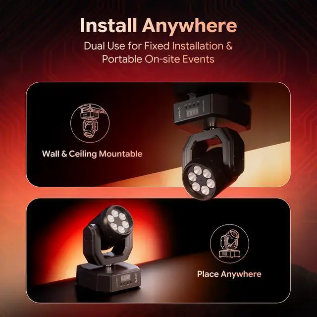 Alt view image 4 of 6 - Mini Dj Moving Head Lights, RGBW 60W Stage Wash Lighting with Remote Control Sound Active DMX512 for Small Venues, DJ, Bar, Home, Theater, Wedding, Band, Performance (2 Packs)