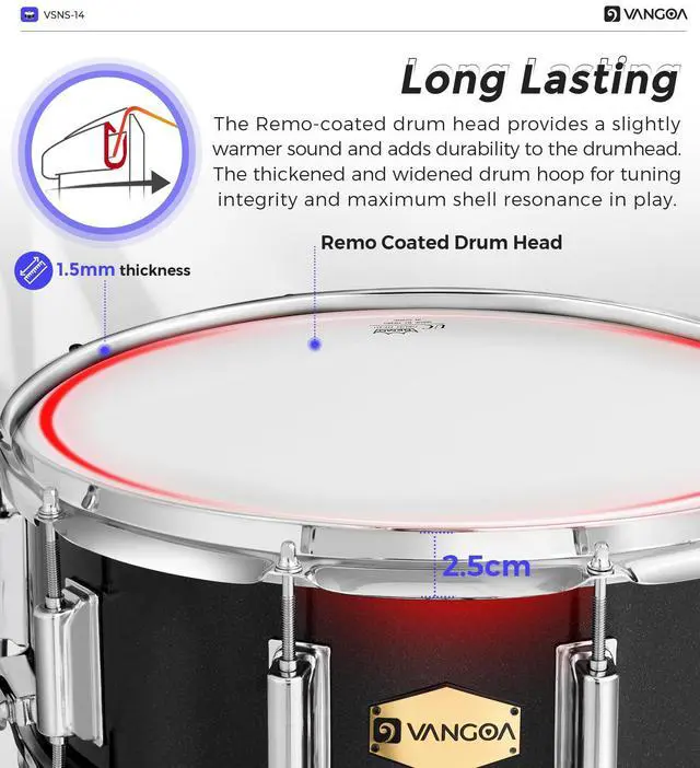 Alt view image 2 of 6 - Snare Drum Kit with Remo Head 14" x 5.5" Student Marching School Band Beginner Practice Snare Drum with Stand, Drumstick Holder, Padded Gig Bag, Mute Pad, Neck Strap, and 5A Drum Sticks, Black