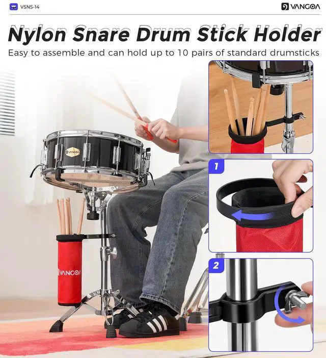 Alt view image 4 of 6 - Snare Drum Kit with Remo Head 14" x 5.5" Student Marching School Band Beginner Practice Snare Drum with Stand, Drumstick Holder, Padded Gig Bag, Mute Pad, Neck Strap, and 5A Drum Sticks, Black