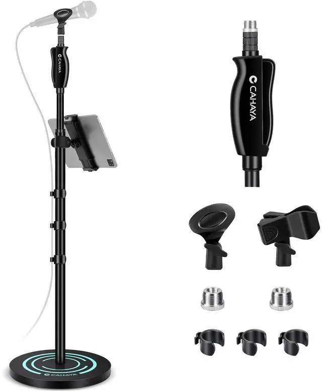 Main image of Microphone Stand Floor Adjustable - Mic Stand Universal with 7.12 lbs Weighted Round Metal Base Mic Stands with Phone Holder Mic Floor Stand with 2 Mic Clips and 3/8'' to 5/8'' Adapter