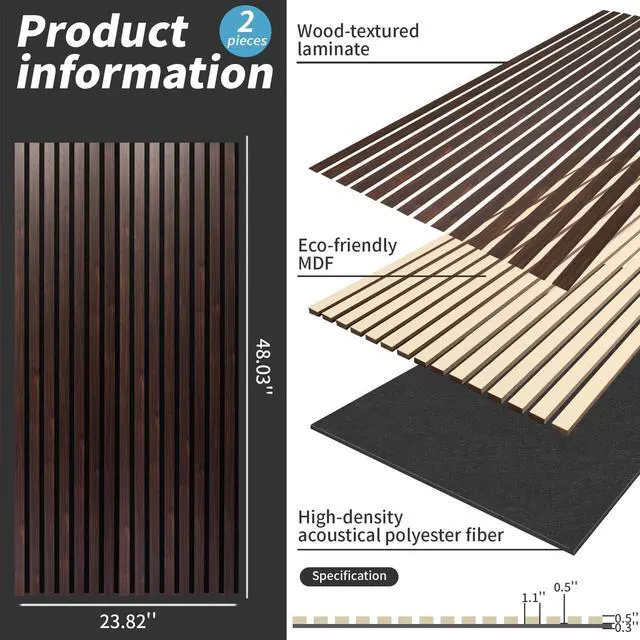 Alt view image 2 of 6 - Soundproof Wood Slat Wall Panel, 2 Pack | 3D Soundproof Wall Panels, Large Acoustic Panels, for Interior Ceiling, Wall Decor Noise Reduction, 48.03 x 23.82 x 0.83 Inch