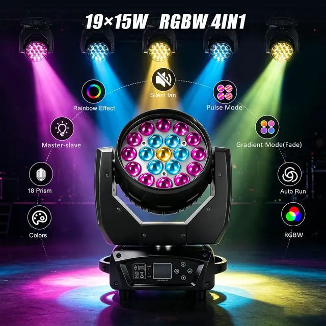 Alt view image 2 of 6 - 19x15W Moving Head DJ Light, RGBW Zoom LED Stage Lights | Beam/Wash/Zoom Stage Effects, Sound Active & DMX512 Control, 10-60° Zoom Motorized, DJ Lights for Parties Wedding Disco Night