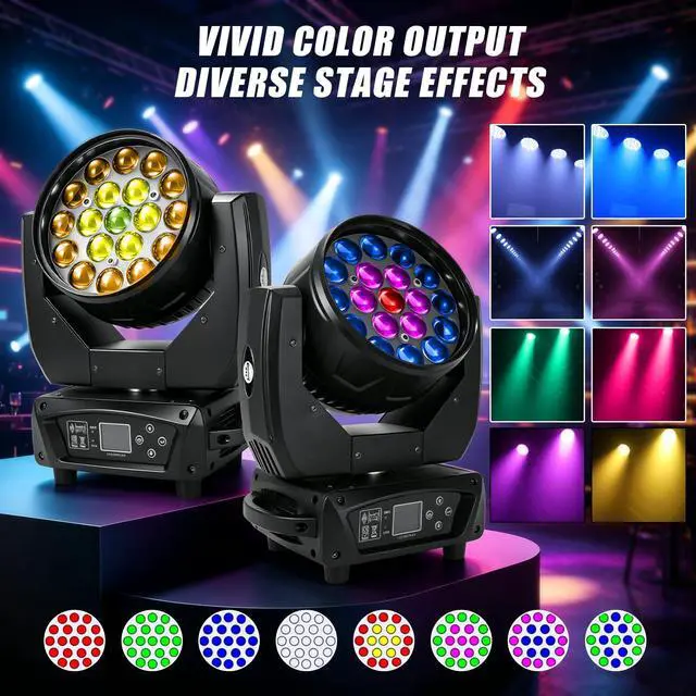 Alt view image 3 of 6 - 19x15W Moving Head DJ Light, RGBW Zoom LED Stage Lights | Beam/Wash/Zoom Stage Effects, Sound Active & DMX512 Control, 10-60° Zoom Motorized, DJ Lights for Parties Wedding Disco Night