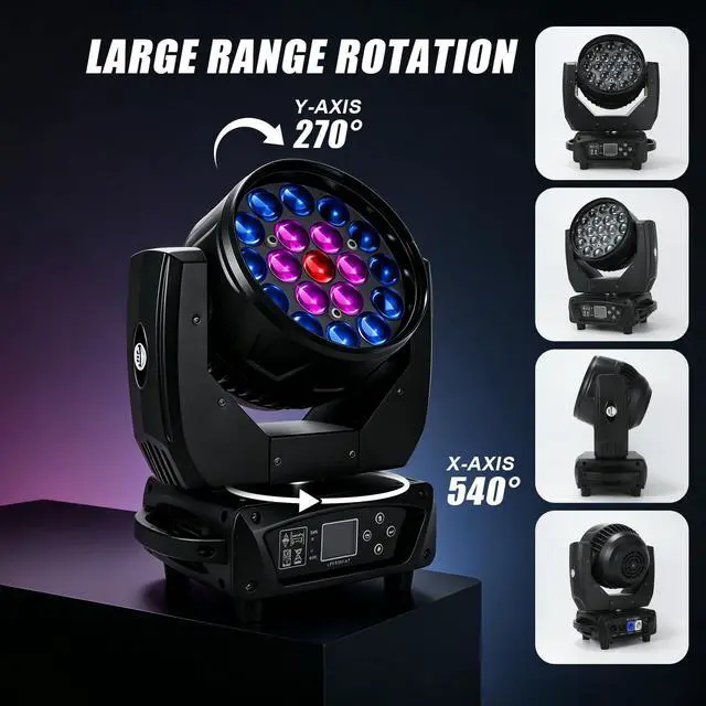 Alt view image 5 of 6 - 19x15W Moving Head DJ Light, RGBW Zoom LED Stage Lights | Beam/Wash/Zoom Stage Effects, Sound Active & DMX512 Control, 10-60° Zoom Motorized, DJ Lights for Parties Wedding Disco Night