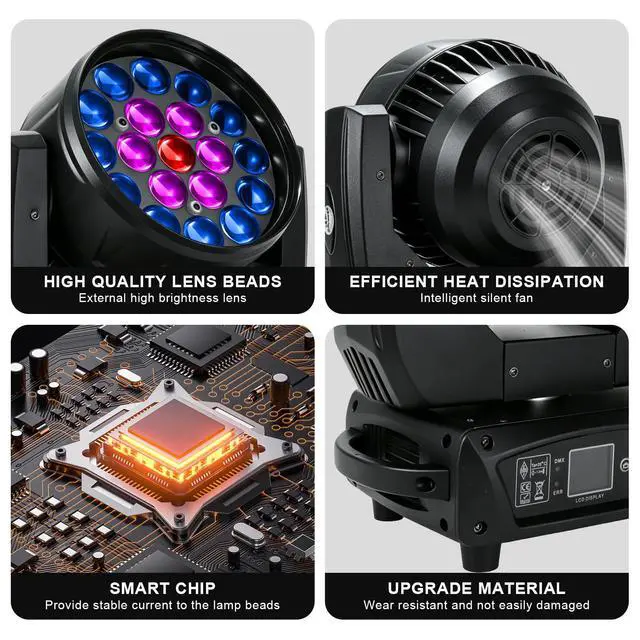 Alt view image 6 of 6 - 19x15W Moving Head DJ Light, RGBW Zoom LED Stage Lights | Beam/Wash/Zoom Stage Effects, Sound Active & DMX512 Control, 10-60° Zoom Motorized, DJ Lights for Parties Wedding Disco Night