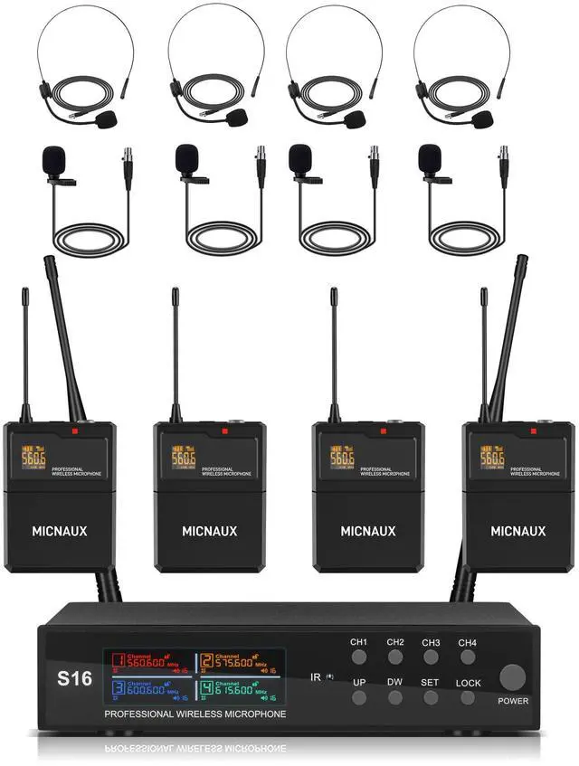 Main image of Lapel Wireless Microphone System with Headset & Lavalier Mics, Pro 4 Channel UHF Mics Set with Bodypack Transmitter & Metal Receiver, 200 Adjustable Frequency, 300ft Range for Church, Party