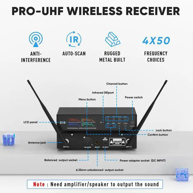Alt view image 2 of 6 - Lapel Wireless Microphone System with Headset & Lavalier Mics, Pro 4 Channel UHF Mics Set with Bodypack Transmitter & Metal Receiver, 200 Adjustable Frequency, 300ft Range for Church, Party