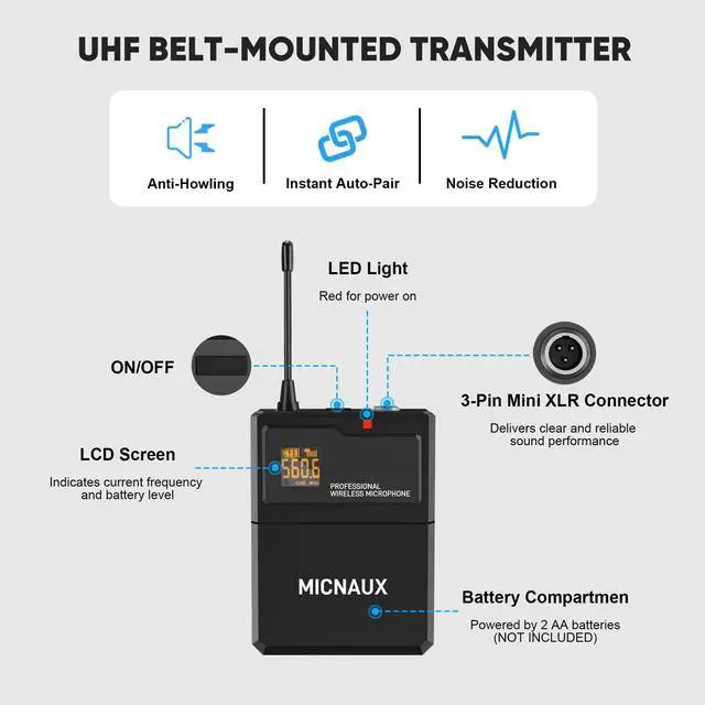 Alt view image 3 of 6 - Lapel Wireless Microphone System with Headset & Lavalier Mics, Pro 4 Channel UHF Mics Set with Bodypack Transmitter & Metal Receiver, 200 Adjustable Frequency, 300ft Range for Church, Party