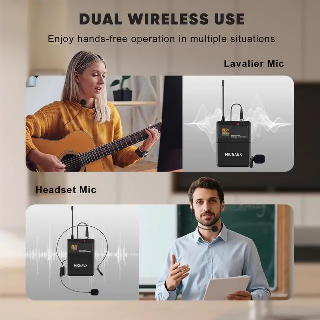 Alt view image 5 of 6 - Lapel Wireless Microphone System with Headset & Lavalier Mics, Pro 4 Channel UHF Mics Set with Bodypack Transmitter & Metal Receiver, 200 Adjustable Frequency, 300ft Range for Church, Party