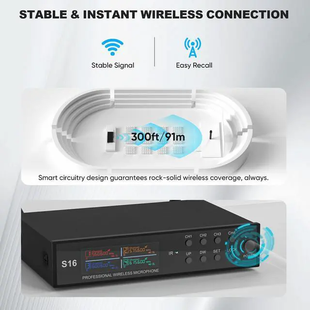 Alt view image 6 of 6 - Lapel Wireless Microphone System with Headset & Lavalier Mics, Pro 4 Channel UHF Mics Set with Bodypack Transmitter & Metal Receiver, 200 Adjustable Frequency, 300ft Range for Church, Party