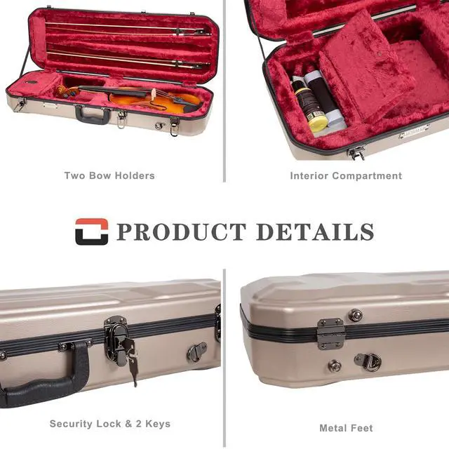 Alt view image 6 of 6 - Oblong Case fits 4/4 Full-Size Violin, Includes Interior Compartment, 2 Bow Holders, Security Lock, and Detachable Straps-Champagne (CRA860VFCH-R)