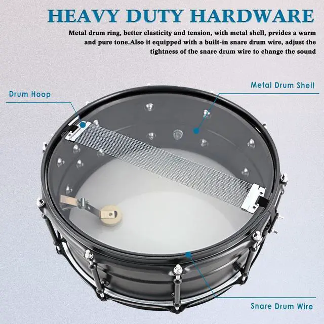 Alt view image 5 of 6 - Advanced Snare Drum 14X5.5 Inches Black Matte Finish | Professional Snare Drum Set for Student Beginner Adult Drummer with Drumsticks, Mute Pad, Drum Key, Coated Drum Head 10-Lug
