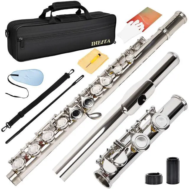 Main image of Professional Silver Plated C Flute for Beginners and All Levels, 16 Key Closed Hole with Ergonomic Design, Includes Carrying Case, Gloves, Cleaning Cloth, Tuning Rod
