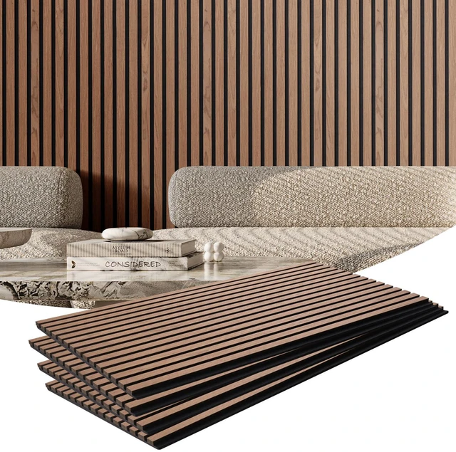 Main image of Wood Slat Acoustic Panels, 23.6 x 47.2 in, 4-Piece MDF Accent Wooden Wall Panels, Faux Wood Wall Board Panels for Modern Interior Decor and Noise Reduction, Walnut
