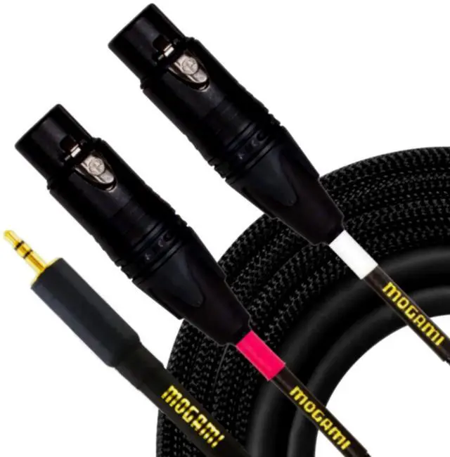 Main image of GOLD 3.5-2XLRF-06 Stereo Audio Y-Adapter Cable, Dual XLR-Female to 3.5mm TRS Plug, Gold Contacts, Straight Connectors, 6 Foot