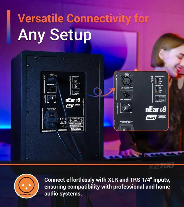 Alt view image 4 of 6 - nEar i8 8" Studio Reference Monitor, 2-Way Active Powered Speaker, Ideal for Near-Field Music Production, Studio Monitoring and Desktop Computers, Studio-Quality Sound, Sold Individually (Single)