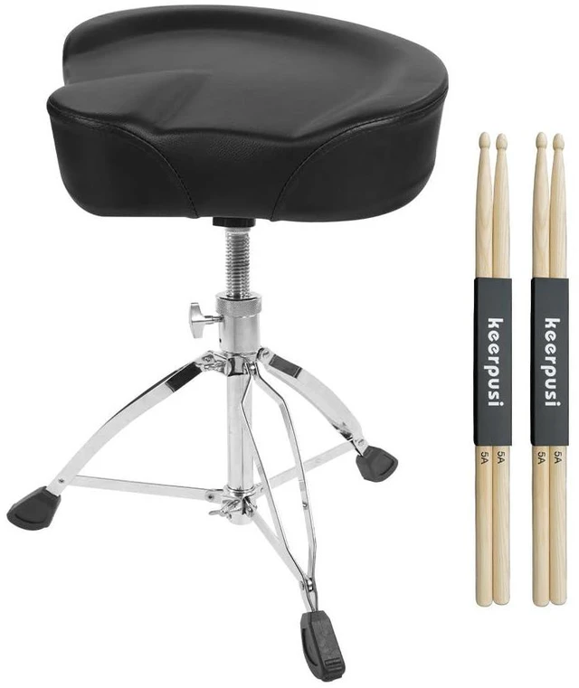 Main image of Heavy Duty Drum Throne with Two Drumsticks, Motorcycle Style Drum Seat, Widened Drum Chair with Upgraded Materials, Height Adjustable Padded Stool, Double Braced