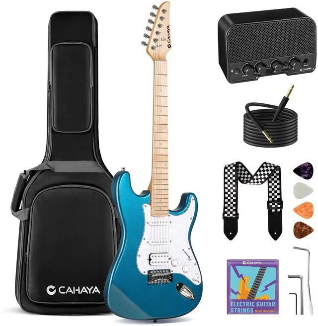 Main image of Electric Guitar Set Beginner - 39in Starter Guitar Kit with HSS Pickup Solid Okoume Body Electric Guitar Adults with Amplifier Gig Bag Strap Picks Strings Cable Blue