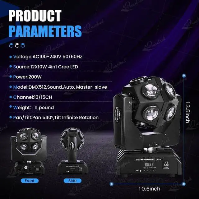Alt view image 4 of 6 - Moving Head DJ Lights, RGBW LED Rotation Party Lights with DMX Sound Auto Control, Strobe Disco Lighting for Parties Stage Club Christmas