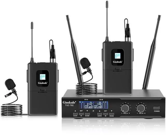 Main image of Wireless Lavalier Microphone System, Dual UHF Cordless Lapel Mic Set with 2 Bodypacks, 200 Channels, 328ft Range, XLR/6.35mm Outputs for Church, Speaking, Teaching, Interview