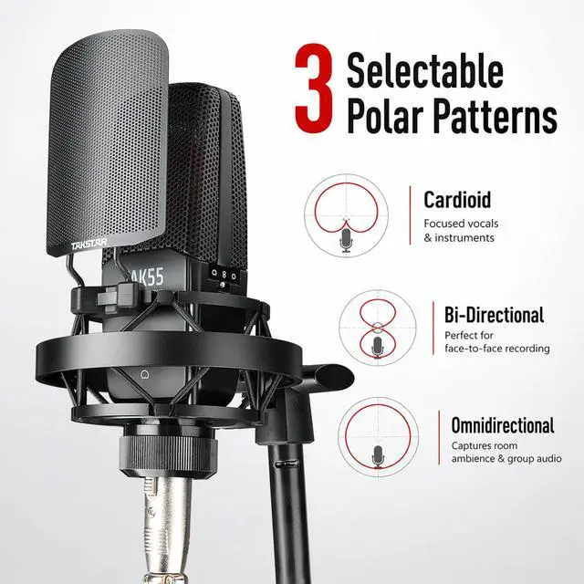 Alt view image 2 of 6 - TAK55 XLR Condenser Microphone with 34mm Large Diaphragm | 34mm Dual Gold Plated Large-Diaphragm, 20Hz-20kHz, -10dB gain, Cardioid / Bi-directional / Omni-directional Polar Pattern