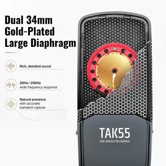 Alt view image 3 of 6 - TAK55 XLR Condenser Microphone with 34mm Large Diaphragm | 34mm Dual Gold Plated Large-Diaphragm, 20Hz-20kHz, -10dB gain, Cardioid / Bi-directional / Omni-directional Polar Pattern