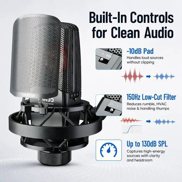 Alt view image 4 of 6 - TAK55 XLR Condenser Microphone with 34mm Large Diaphragm | 34mm Dual Gold Plated Large-Diaphragm, 20Hz-20kHz, -10dB gain, Cardioid / Bi-directional / Omni-directional Polar Pattern