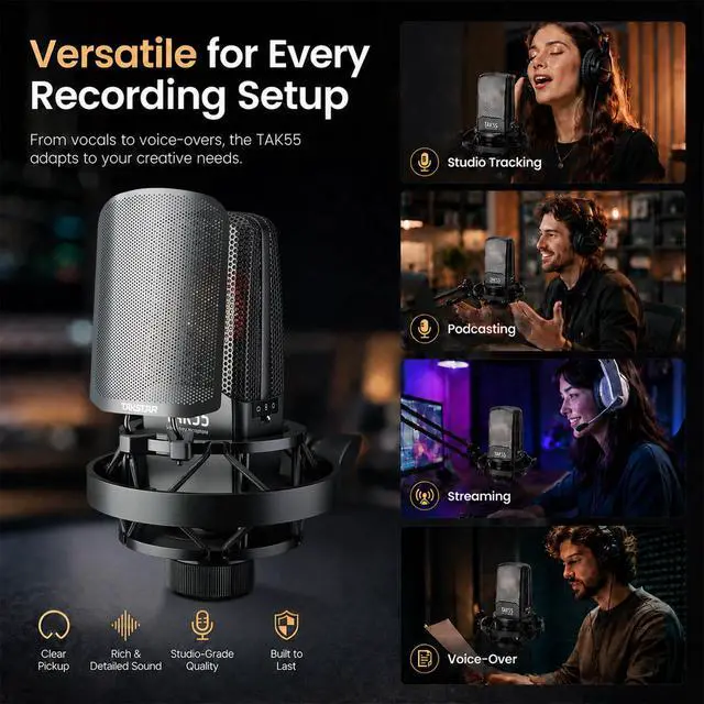 Alt view image 5 of 6 - TAK55 XLR Condenser Microphone with 34mm Large Diaphragm | 34mm Dual Gold Plated Large-Diaphragm, 20Hz-20kHz, -10dB gain, Cardioid / Bi-directional / Omni-directional Polar Pattern