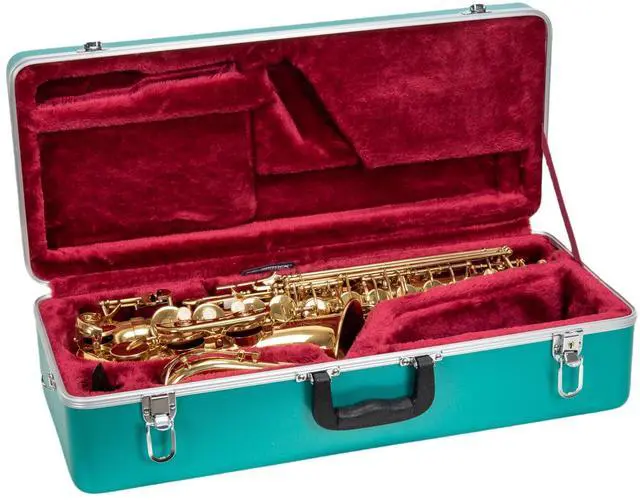 Main image of ABS Alto Saxophone Case Rectangular Mint Blue Finish, Burgundy Velvet Interior, Security Lock & Detachable Strap