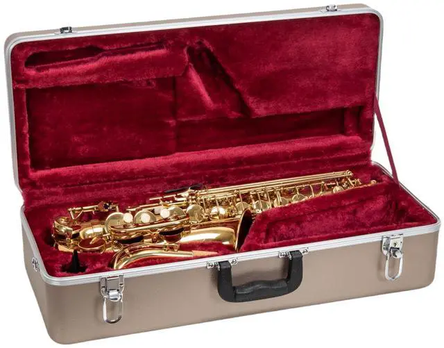 Main image of ABS Alto Saxophone Case Rectangular Champagne Finish, Burgundy Velvet Interior, Security Lock & Detachable Strap