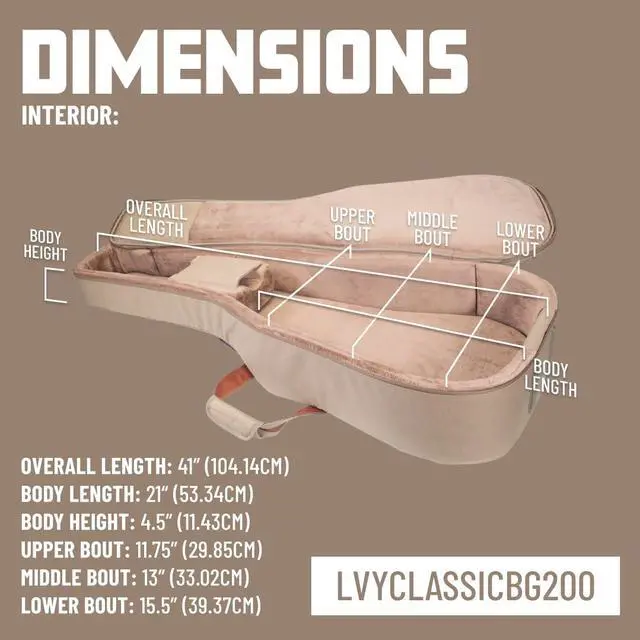 Alt view image 5 of 6 - Leathers 200 Series Classical Guitar Gig Bag Lightweight, Padded, and Durable Soft Case for Full-Size Classical Guitars (LVYCLASSICGB200)