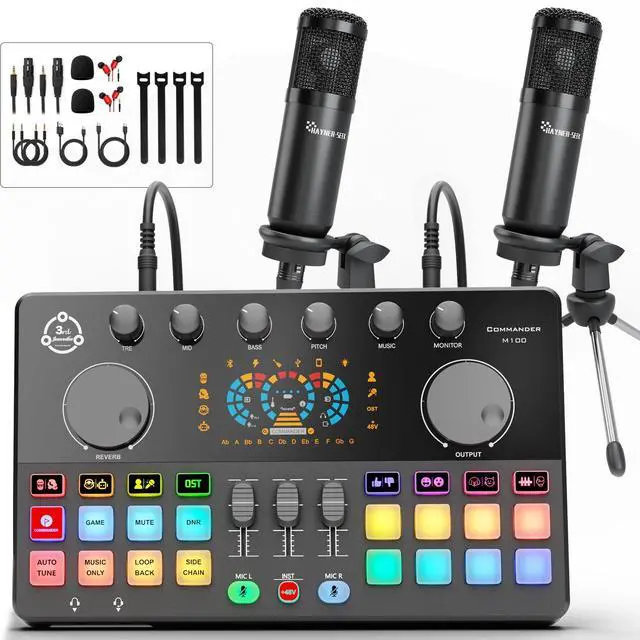 Main image of Podcast Equipment Bundle for 2, Audio Interface DJ Mixer with 3.5mm Condenser Microphone for PC, Smartphone, Voice change,RGB for Recording, Streaming, Podcasting, Gaming, COMMANDER M100 3rd