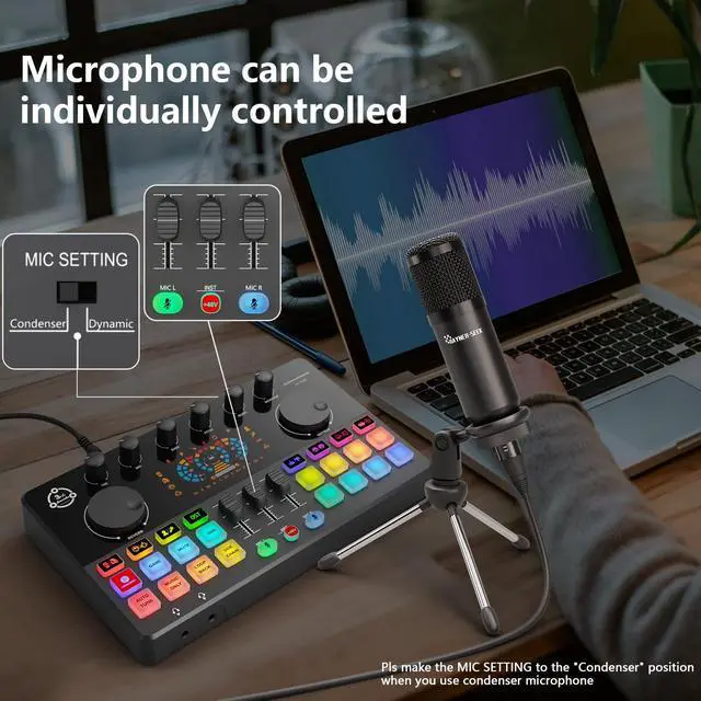 Alt view image 4 of 6 - Podcast Equipment Bundle for 2, Audio Interface DJ Mixer with 3.5mm Condenser Microphone for PC, Smartphone, Voice change,RGB for Recording, Streaming, Podcasting, Gaming, COMMANDER M100 3rd