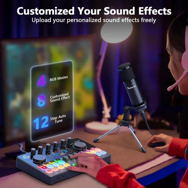 Alt view image 5 of 6 - Podcast Equipment Bundle for 2, Audio Interface DJ Mixer with 3.5mm Condenser Microphone for PC, Smartphone, Voice change,RGB for Recording, Streaming, Podcasting, Gaming, COMMANDER M100 3rd