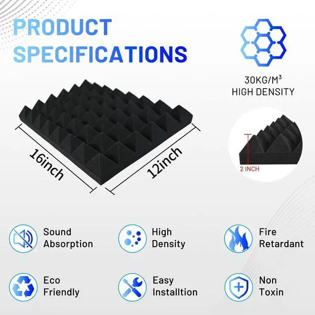 Alt view image 5 of 6 - 50 Pack Sound Proof Foam Panels for Walls, 12" X 16" X 2" Pyramid Acoustic Foam Panels 30 kg/m³ High Density Noise Reduction Soundproof Wall Panels for Office Studio Game