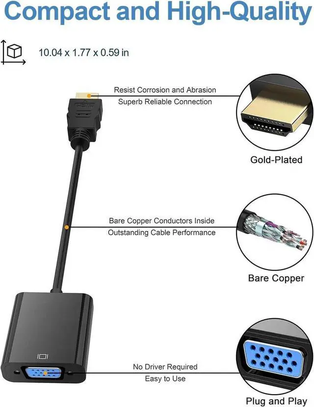 Alt view image 4 of 7 - HDMI to VGA, Gold-Plated HDMI to VGA Adapter (Male to Female) for Computer, Desktop, Laptop, PC, Monitor, Projector, HDTV, Chromebook, Raspberry Pi, Roku, Xbox and More - Black