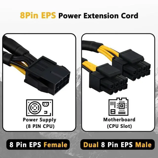 Alt view image 3 of 6 - CPU 8 Pin Splitter Extension Cable, 24cm/9.5 Inch Sleeved EPS Power Adapter Cord, Female to Male Converter for Motherboard CPU Power Supply