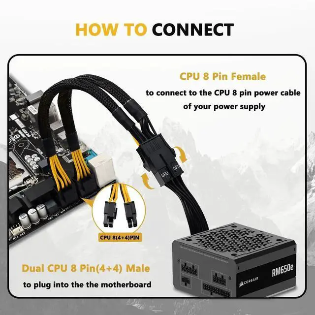 Alt view image 4 of 6 - CPU 8 Pin Splitter Extension Cable, 24cm/9.5 Inch Sleeved EPS Power Adapter Cord, Female to Male Converter for Motherboard CPU Power Supply