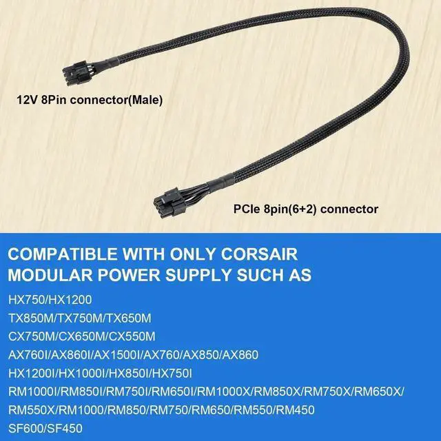 Alt view image 7 of 7 - 25.5 Inch 65cm 18AWG Black 8Pin to 6+2Pin PCIe GPU Modular Power Cable, Male to Male Compatible with Corsair Thermaltake ARESGAME PSU