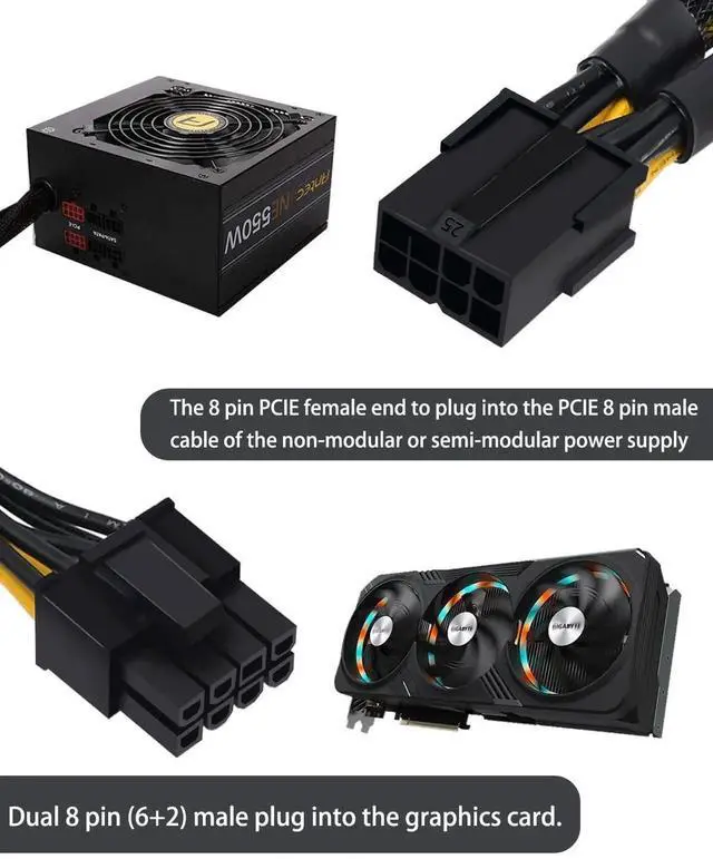 Alt view image 3 of 6 - 2-Pack 8 Pin PCIe Splitter Cable, PCIe 8 Pin Female to Dual 8 Pin (6+2) Male Braided GPU VGA Power Y-Splitter Extension Cable, 9 Inch / 23cm