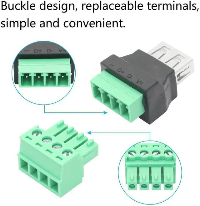 Alt view image 3 of 7 - 2Pcs USB 2.0 A Female to 4 Pin Screw Terminal Adapter, Solderless Quick Connect USB A Converter for Charging and Data Transfer