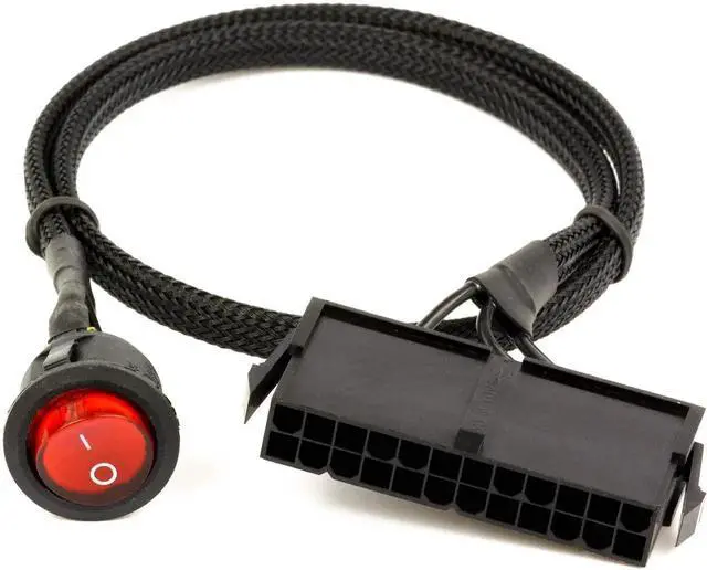 Main image of 22 Inch Black Sleeved 24Pin ATX Red LED Power Switch Jumper Cable, 20/24Pin ATX Power Supply On Off Start Bridge Adapter Cord