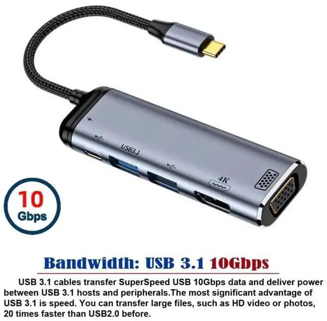 Alt view image 3 of 7 - USB C Multiport Adapter, USB3.1 Type C to HDMI VGA Dual USB 3.0 Hub Converter, 4K@60Hz 1080P with 100W PD Charging Port