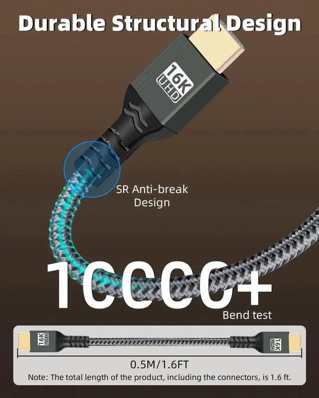 Alt view image 4 of 7 - 16K HDMI 2.2 HDR Cable 0.5M/1.6FT, 96Gbps Ultra High Speed HDMI Cord, Support 16K@60Hz 12K@120Hz 8K@240Hz 4K@480Hz eARC HDCP Compatible with Camera PC Laptop TV Monitor Projector