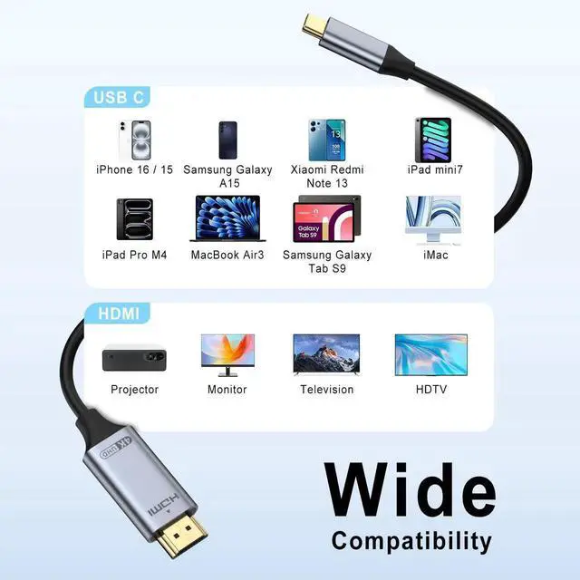 Alt view image 2 of 7 - USB C to HDMI Cable 6.6FT 4K@60Hz, Gold-Plated Thunderbolt 3/4/5 Compatible Type C to HDMI 2.0 Cord, Compatible with iPhone 16/15 Series, MacBook iMac iPad Pro, Galaxy S8-S23, Surface